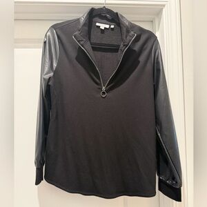 Chicos Faux Leather Accent Black Quarter Zip Sweatshirt- Size 1